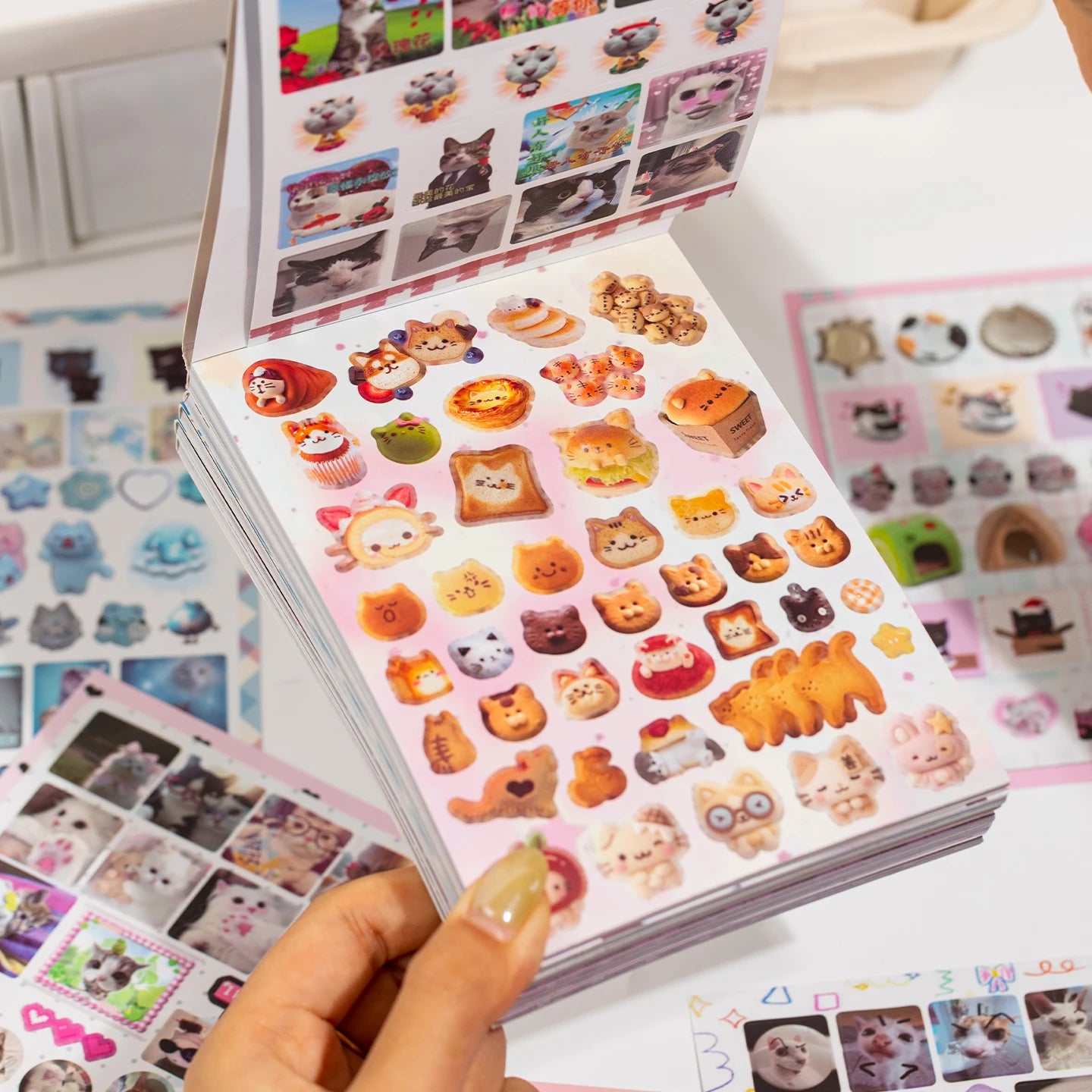 Cat Daily Meme Sticker Book, Funny Kitten Head & Food Themed Stickers for Journal Collage Qme