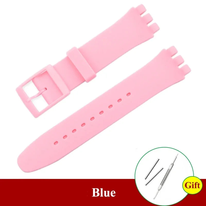 16mm 17mm 19mm 20mm Soft Silicone Bracelet Colorful Watchband for Swatch Watch Strap Replacement Watches Accessories with Tool Qme Light Pink 19mm