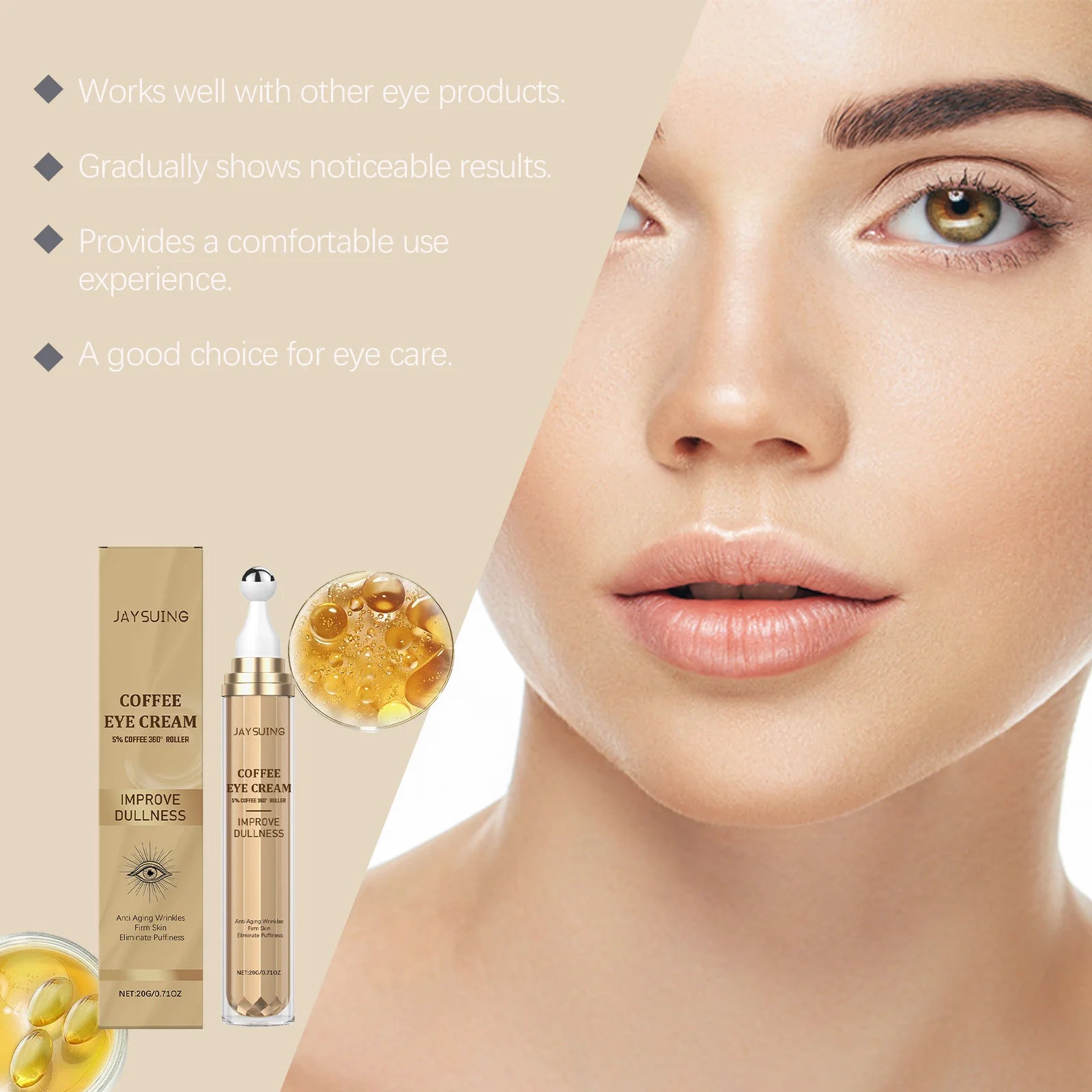 Caffeine Firming Eye Cream Fade Dark Circles Anti-Puffiness Lighten Fine Lines Under The Eyes Remove Eye Bags Roller Eye Massage Qme