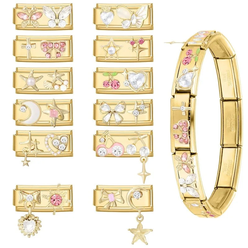 Sweet Flowers Butterfly Cute Heart Bows Italian Charm Link Gold Color Fit 9mm Stainless Steel Bracelet Women DIY Making Gift Qme