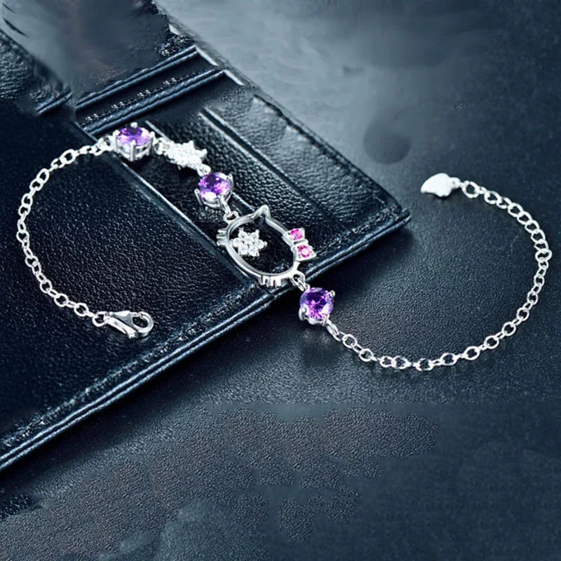 Cartoon Cat Zircon Silver Bracelet Girlfriend Female Children's Leisure Party Japanese Style Jewelry Gift Qme