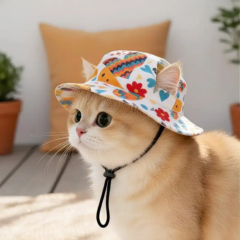Summer Pet Cat Sun Hat Ear Holes Cute Kitten Fisherman Cap UV Qme