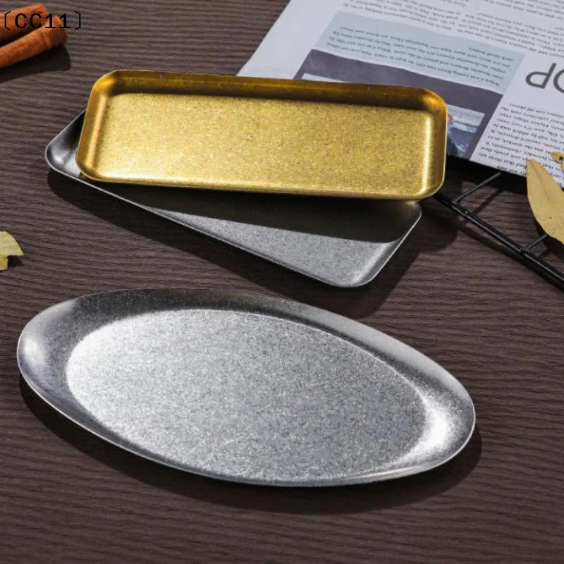 Retro Stainless Steel Trays Sushi Plates Snack Pastry Oval Shallow Qme