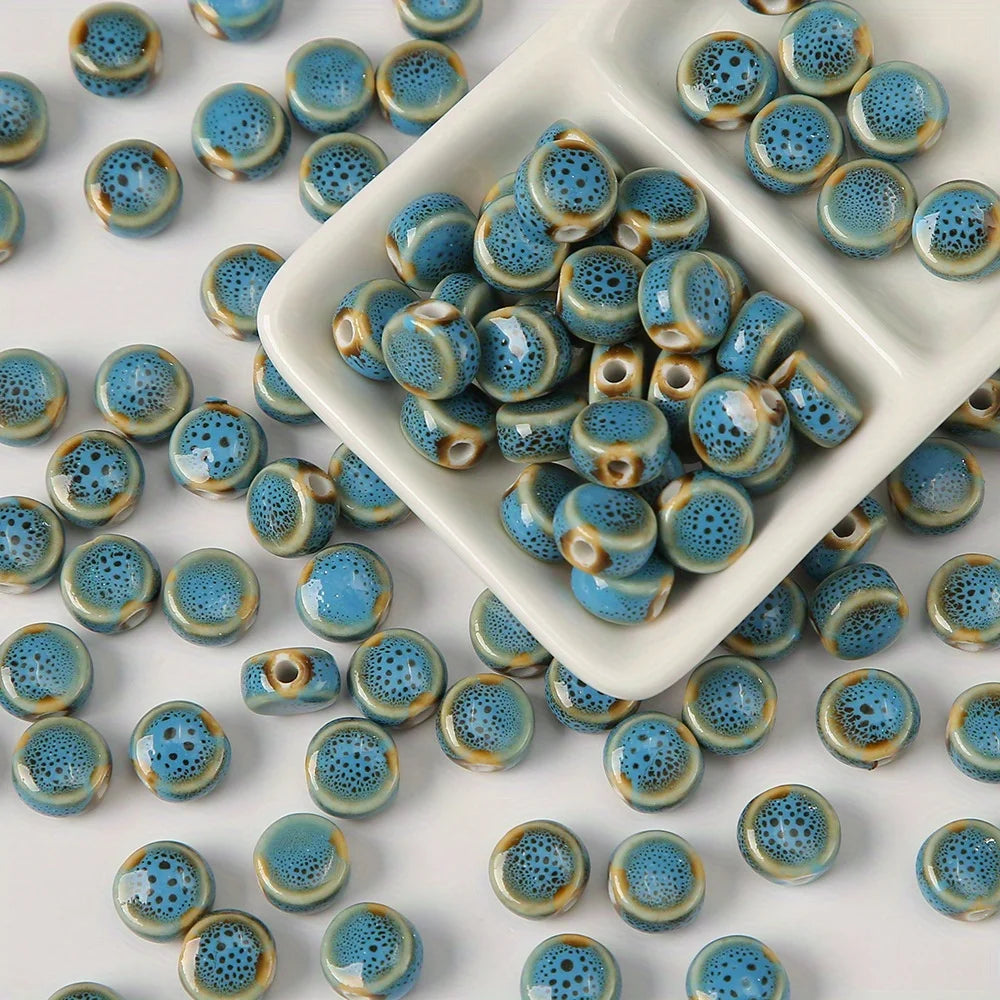 11pcs Ceramic Flat Beads Vintage Chinese-Inspired Floral Glaze Beads for Jewelry Making, Bracelet & Necklace Crafting Supplies Qme