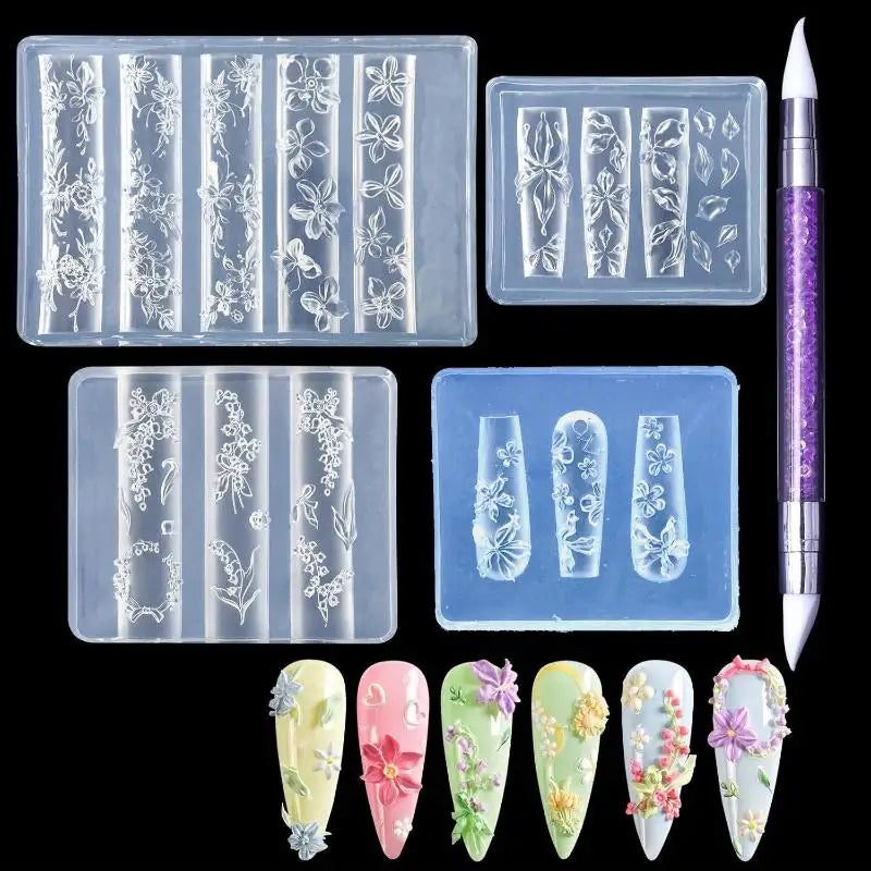 Relief Lily Flowers Nail Carving Mold 3D Silicone Hibiscus Petals Qme Default Title