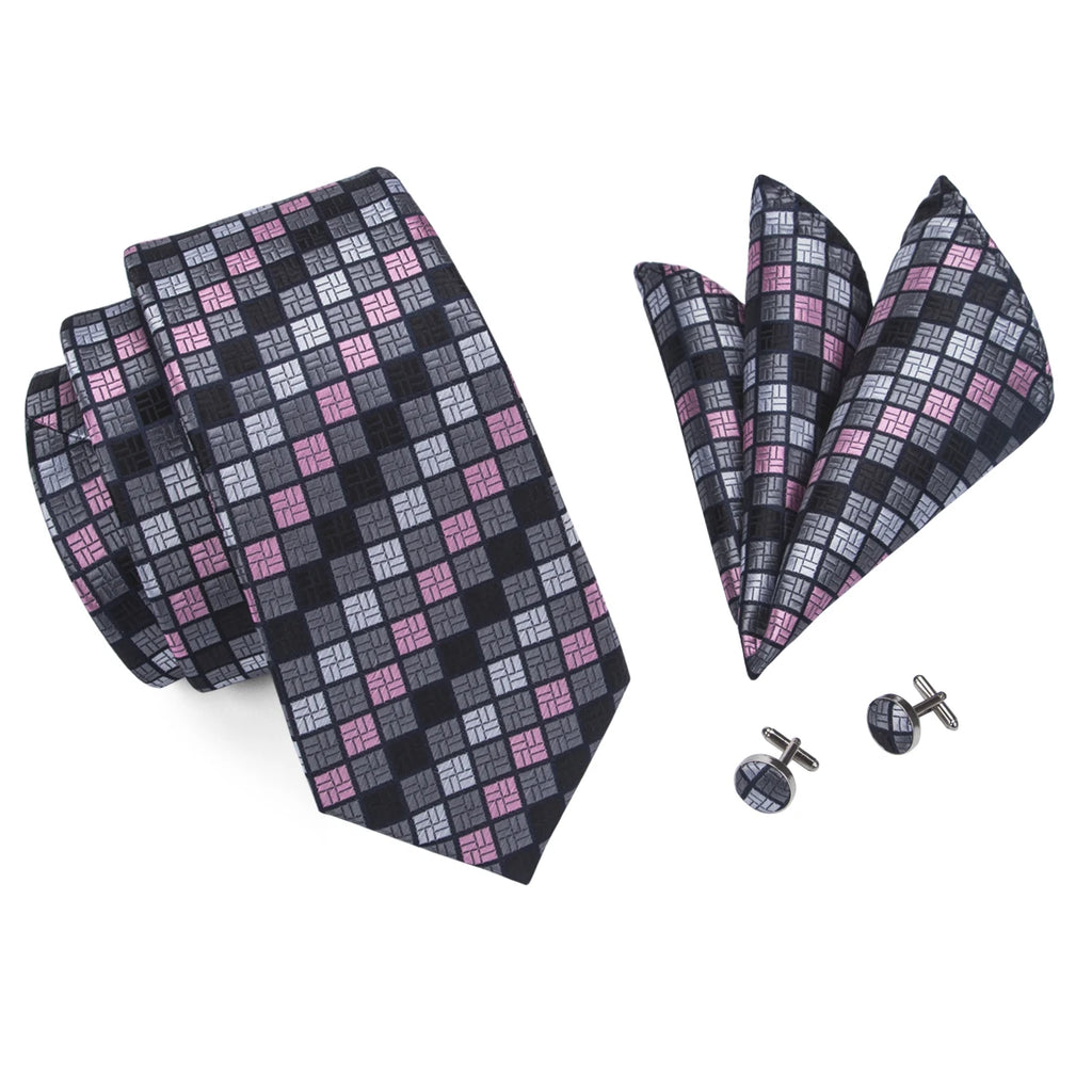 Hi-tie Designer Grey Plaid Novelty Silk Wedding Tie Men Handky Qme