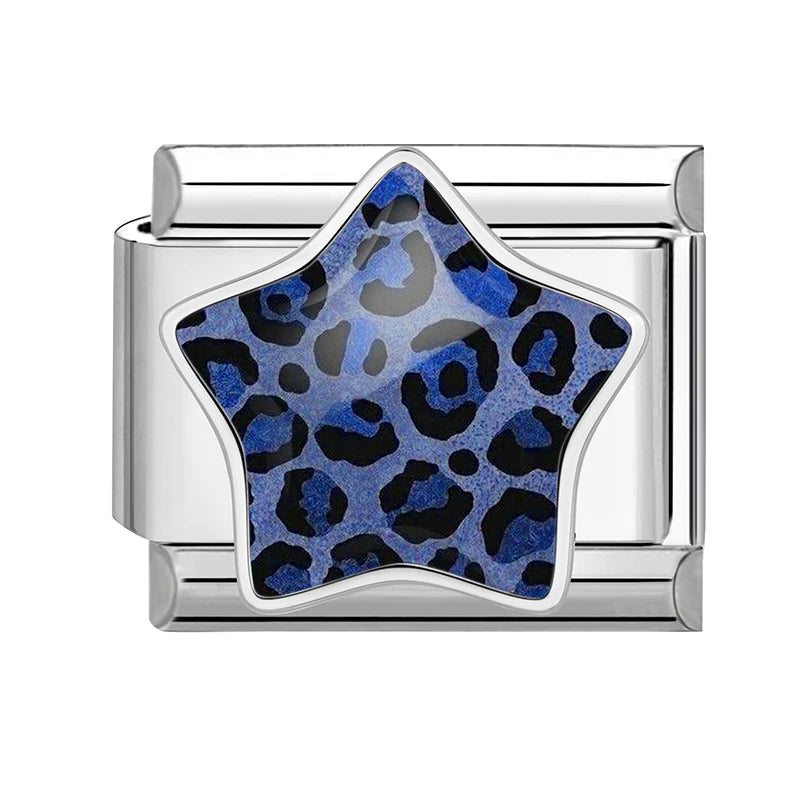 3D Inlay Stars Cute Zebra Stripe Stars Pink Blue Leopard Print Italian Charm Links Fit 9mm Stainless Steel Bracelet DIY Making Qme Style 15