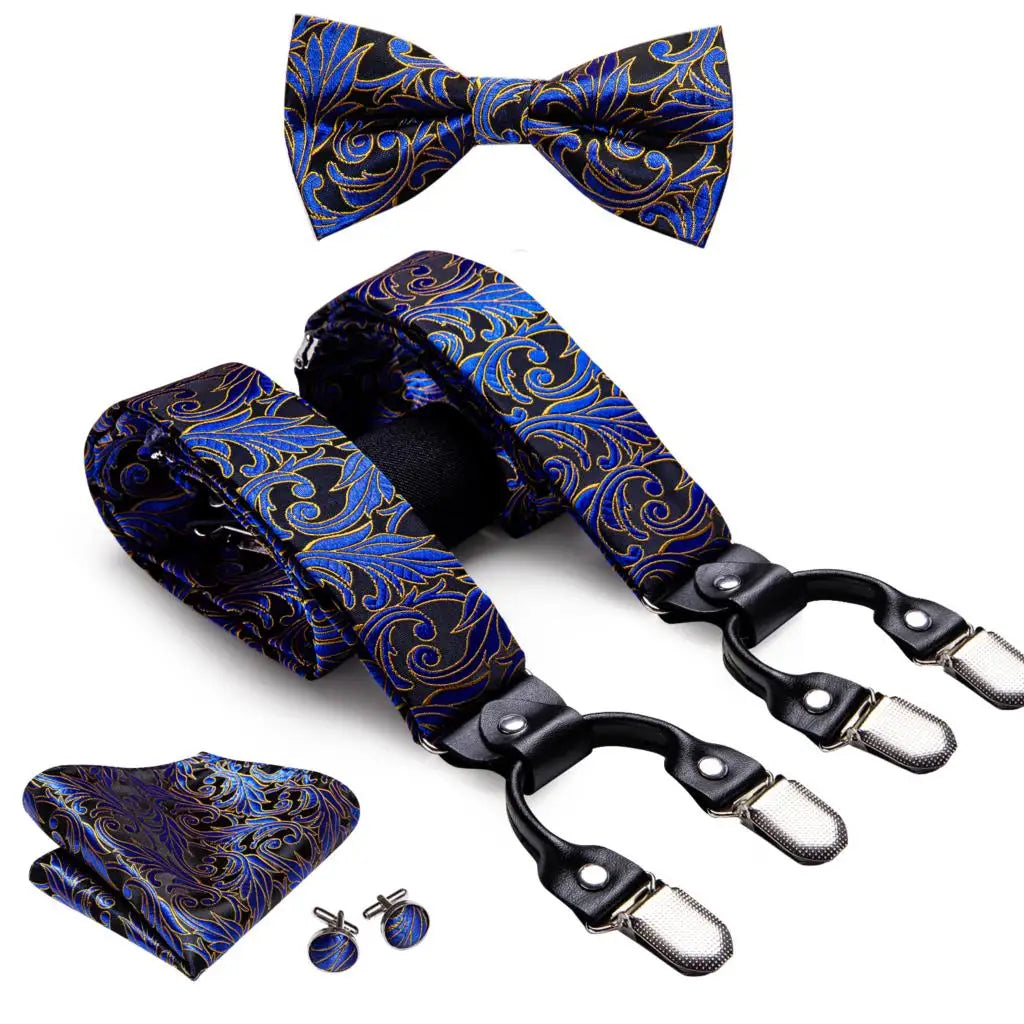 Hi-tie Jacquard Woven Silk Gold Mens Suspender Braces Bow Tie Hanky