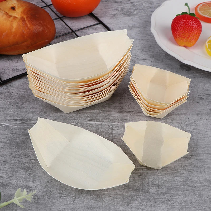 Disposable Sushi Serving Trays Boat Plates Wood Boats Salad Dessert Qme