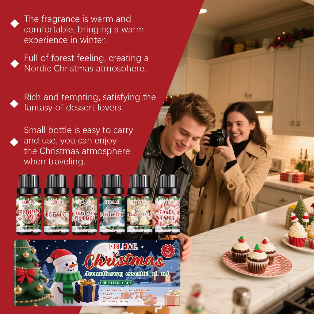 Christmas Aromatherapy Essential Oil Set Long Lasting Fragrance 6 Holiday Scents Festive Scents & Relaxing Atmosphere 6x10ml Qme