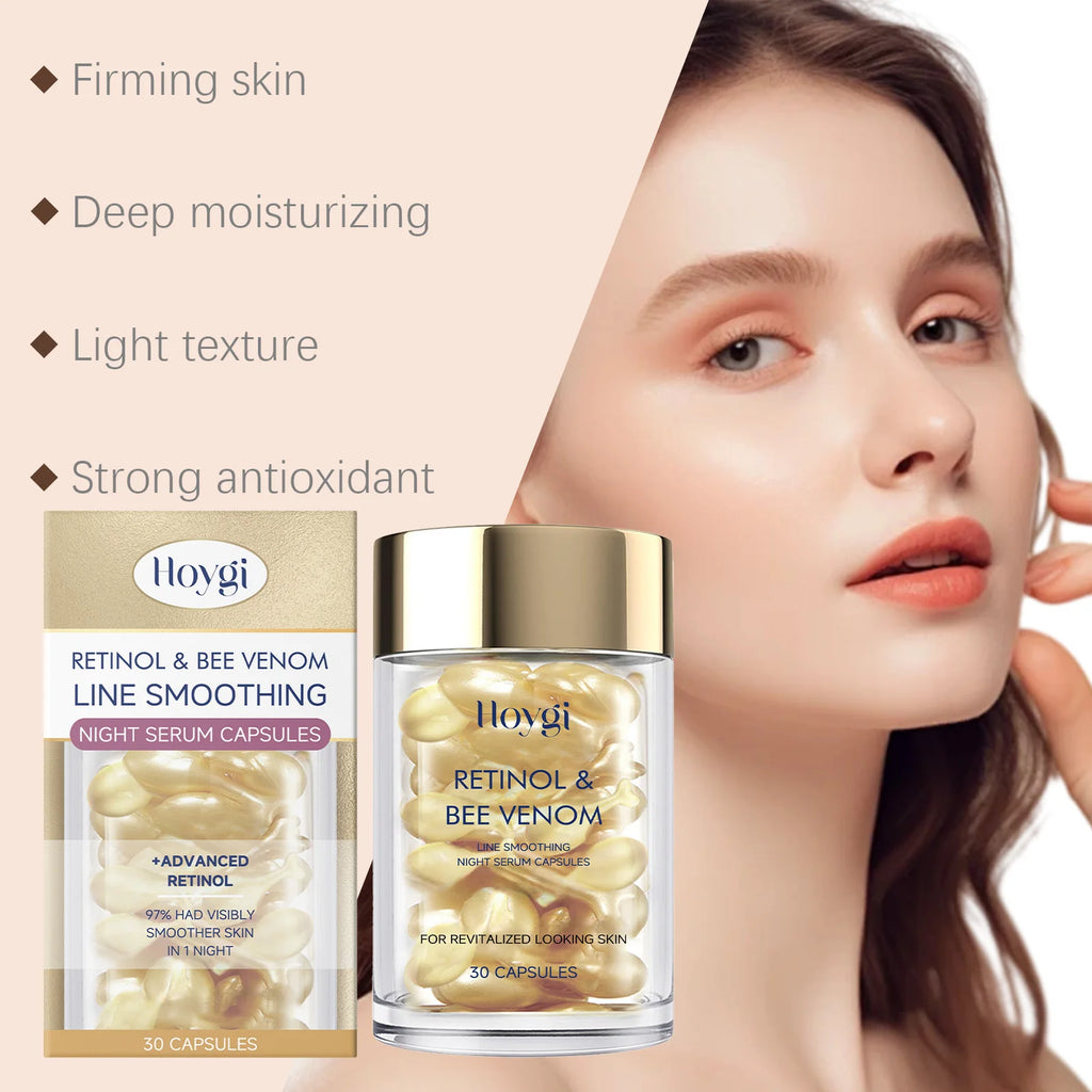 Retinol Bee Venom Facial Capsules Anti-Wrinkle Firming Smoothing Moisturizing Facial Skin Anti-Aging Night Serum for Face & Neck Qme