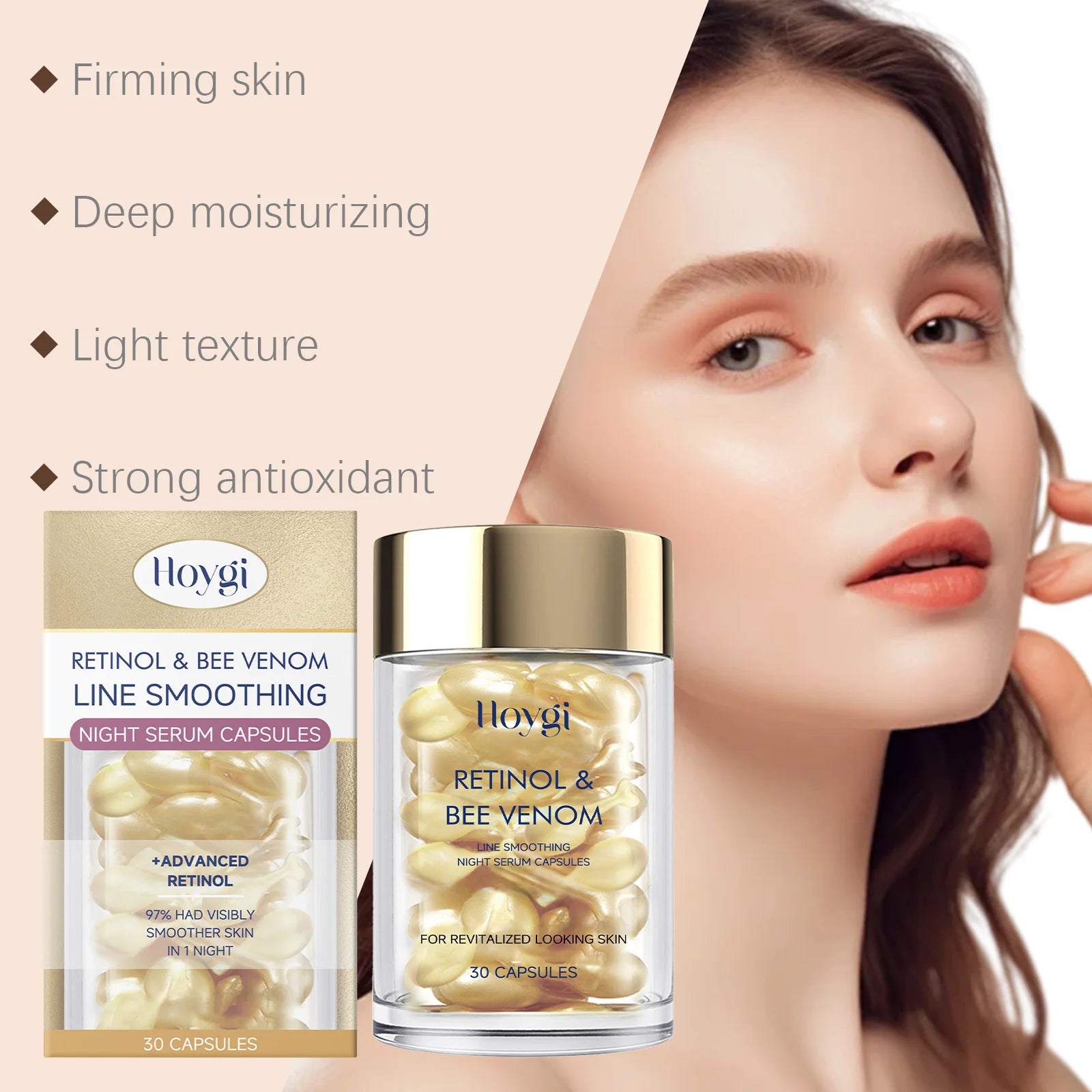 Retinol Bee Venom Facial Capsules Anti-Wrinkle Firming Smoothing Moisturizing Facial Skin Anti-Aging Night Serum for Face & Neck Qme