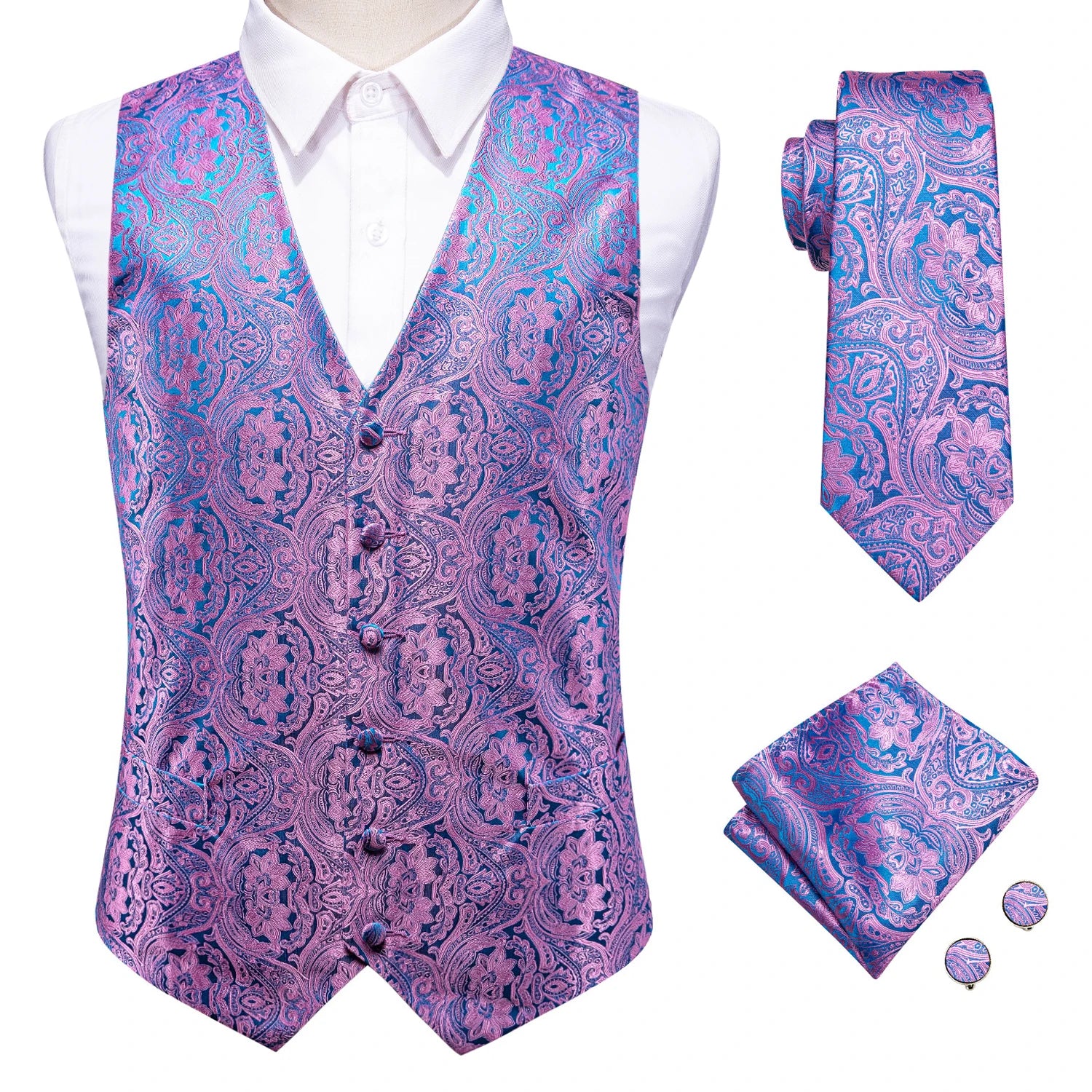 Wedding Purple Men Vest Paisley Floral Necktie Handkerchief Cufflinks Qme