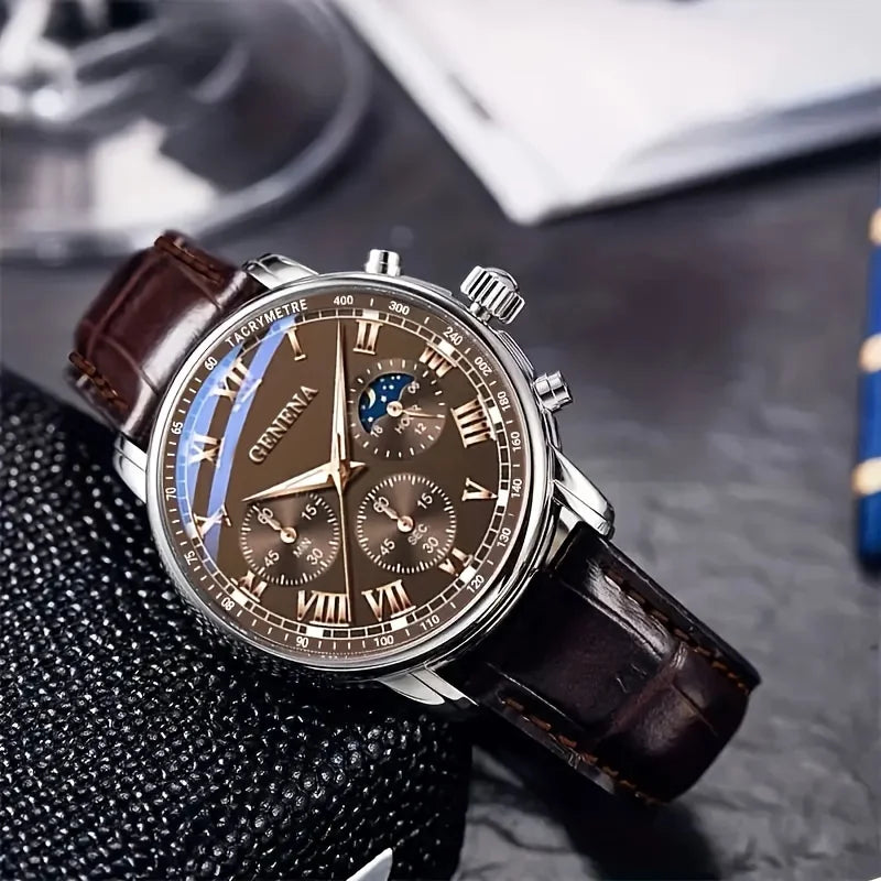 Geneva Silver Case Moon Phase Triple Sub-dial Brown Leather Watch Qme