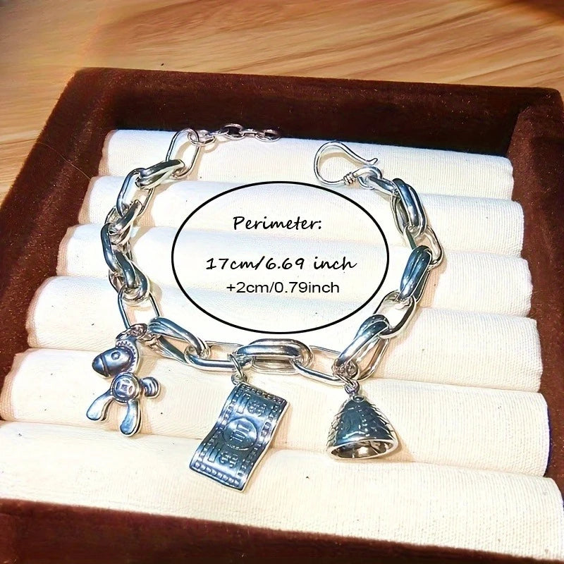 Bracelet for Women Retro Thick Chain Charm Bracelet with Horse Money Bill Fish Pendant Lucky Wealth Jewelry Birthday Gift Qme
