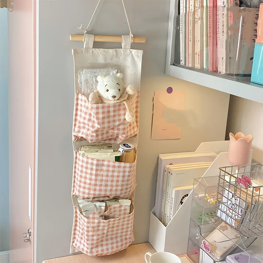 Pink Storage Bag Rack Canvas Wall Mounted Bedroom Storage Bag Multifunctional for Books, Jewelry, and Miscellaneous Items Qme