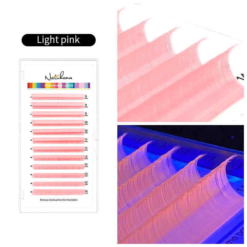 NATUHANA UV Glow Eyelash Extensions Fluorescent Neon Lashes Qme UV Light pink D 0.07mm|8-14 Mixed