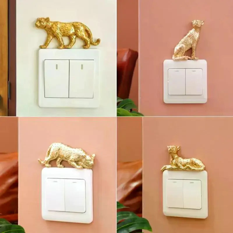 Leopard Light Switch Decoration Resin Leopard Figurine Self-Adhesive Detachable Wall Sticker Switch Ornament Home Decor Qme