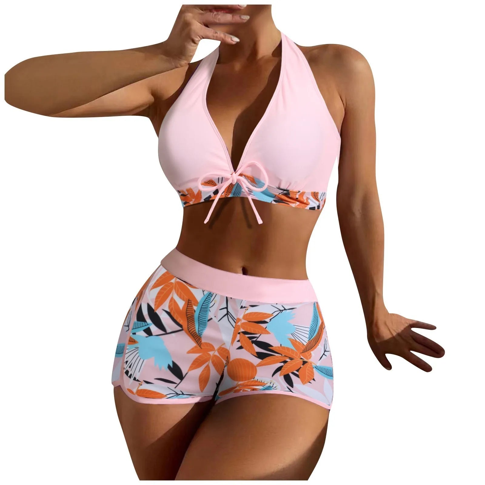 Women's Paneled Printed Swimsuit Ladies Fashion Sexy Split Boxer High Waist Swimsuit Two-Piece Set V-Neck Bathing Suits Female Qme