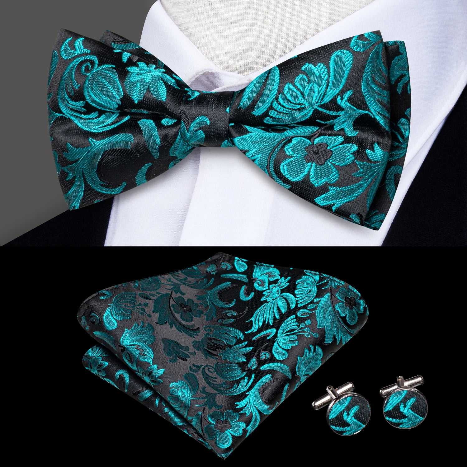 Hi-tie Grey Plaid Jacquard Pre-tied Mens Bow Tie Hanky Cufflinks