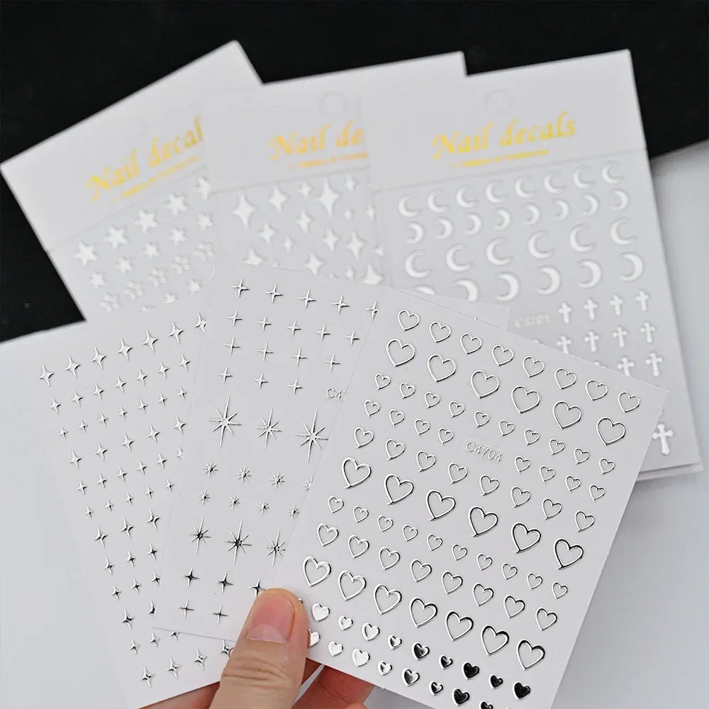 6 Sheets Metal Silver Nail Stickers Metallic 3D Star Nail Art Stickers Decals Self-Adhesive Nail Art Stickers Metal Chain Heart Qme