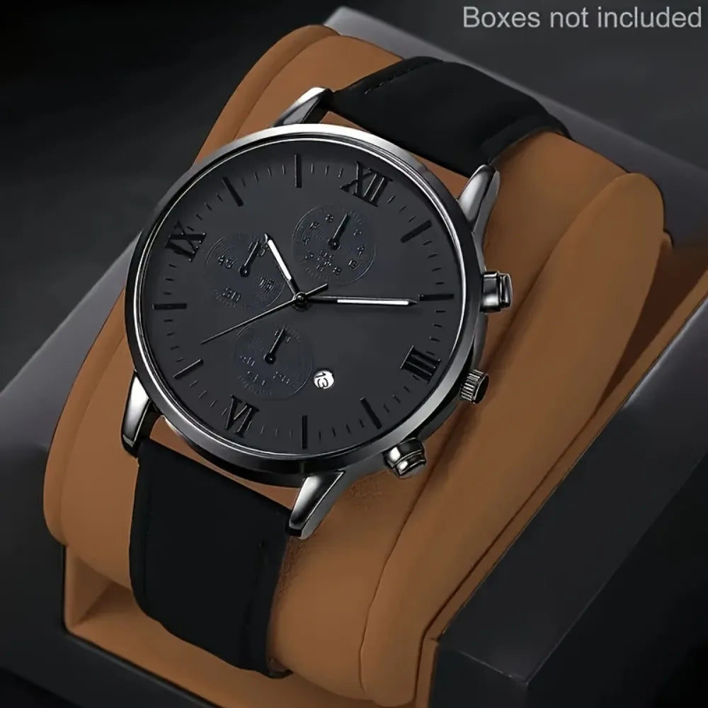 3PCS Fashion Roma Dial Men Business Watches Casual Leather Band Calendar Quartz Wristwatch Jewelry Set Reloj Hombre（Without Box） Qme