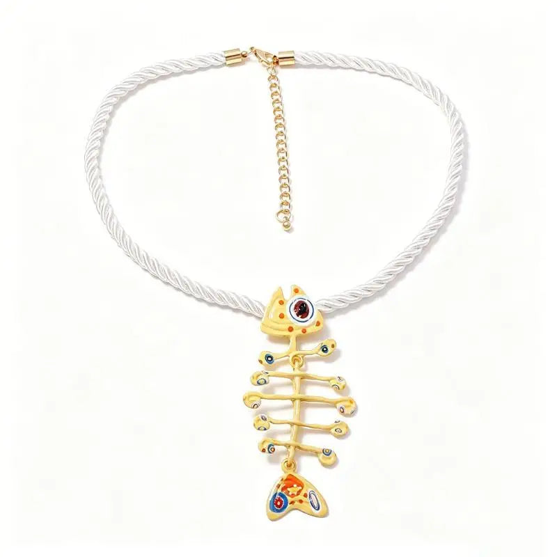 Hand Woven Boho Rope Pendant Necklace Alloy Printed Fish Bone Decor Non-irritating Neck Jewelry for Teen Girls Qme A1