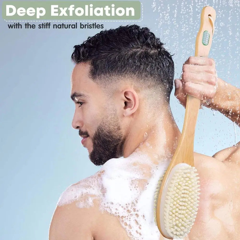 Bamboo Shower Brush with Soft and Stiff Bristles, Bath Long Wet Body Dry Exfoliator, Brush Scrubber, or Back Dual-Sided Han L8T3 Qme