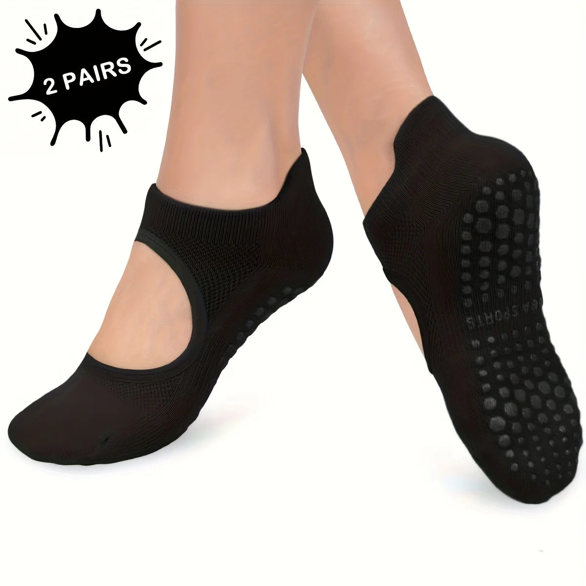 2 Pairs Women'S Non-Slip Pilates Yoga Socks - Open Toe with Arch Support, Breathable for Exercise, Ballet, Textured Grip Bottom Qme 35.5 Black 2 Pairs