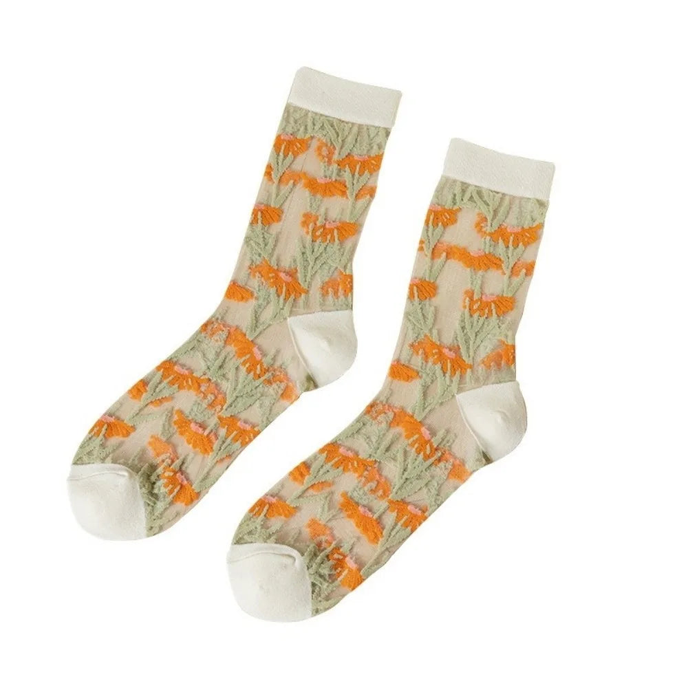 Cute Ultra-Thin Floral Embroidery Socks Crystal Silk Tulle Fabric Mesh Lace Socks Transparent Nylon Long Socks Summer Qme Orange One Size
