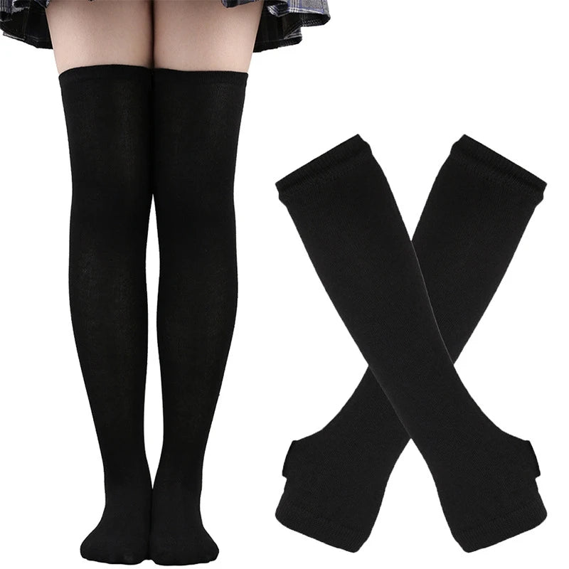 Women Girls Over Knee Long Stripe Thigh Cotton Gothic Lolita Socks Qme black One Size