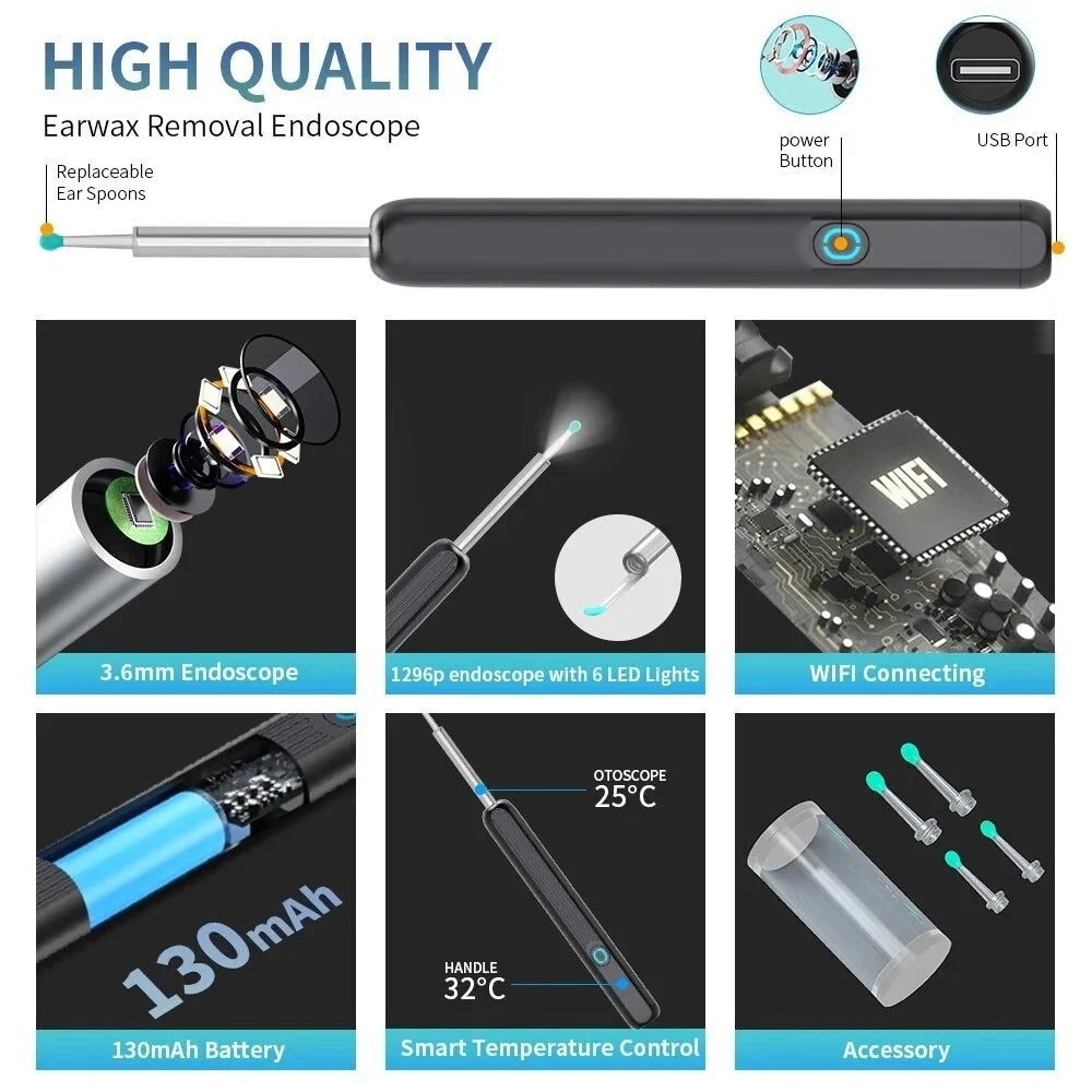 Smart Visual Ear Cleaner HD Camera Wireless WiFi Ear Cleaner Full Set USB Charging LED Lights Ear Cleaning Tools Oral Inspection Qme