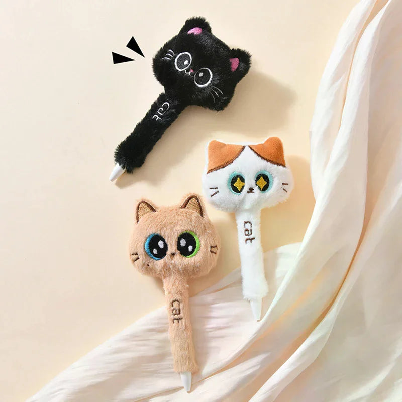 Creative Cute Cat Plush Gel Pens Black Quick-drying Click Pen School Qme