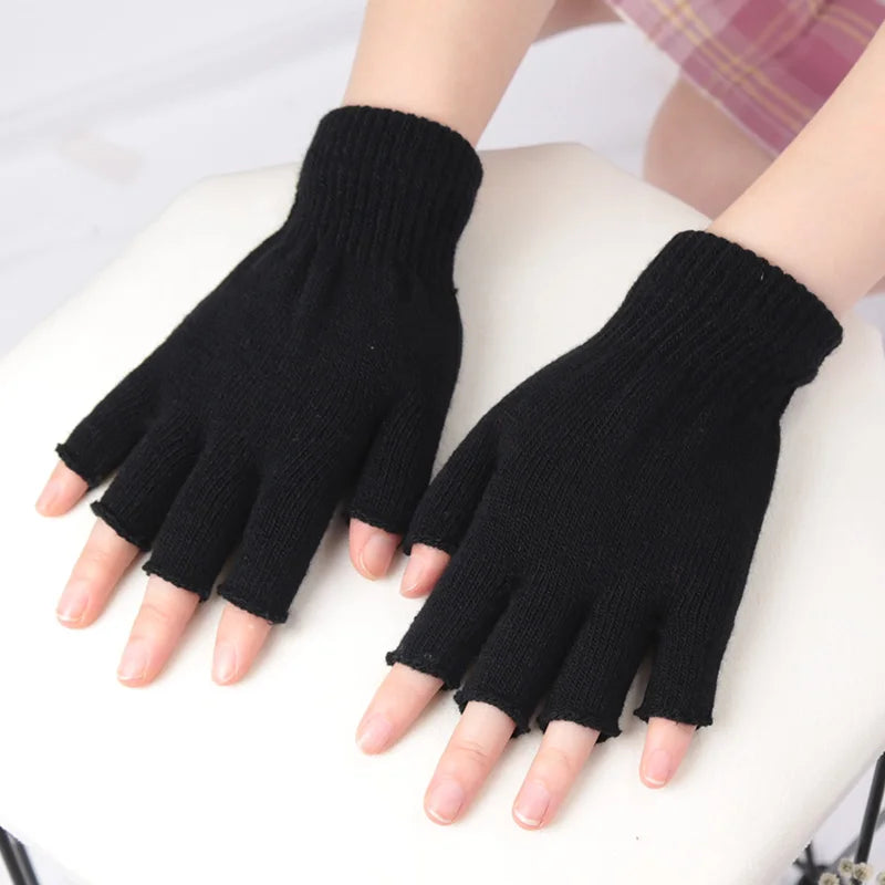 1Pair Black Short Half Finger Fingerless Gloves Unisex Outdoor Short Warm Mittens Women Men Knit Elastic Comfort Work Gloves Qme
