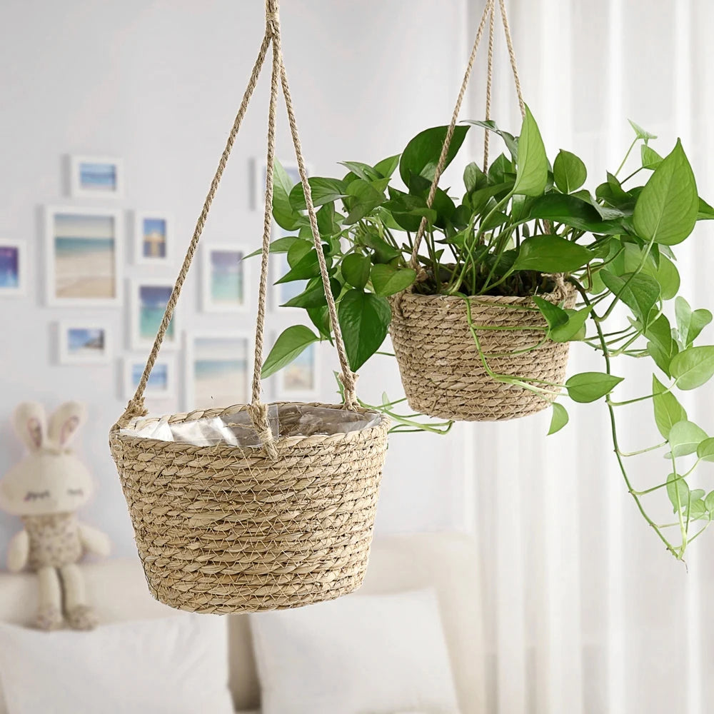 1PC Straw Hanging Basket Planter Twine Woven Flower Basket Rattan Basket Hanging Orchid Pot Pot Hanging Basin Qme