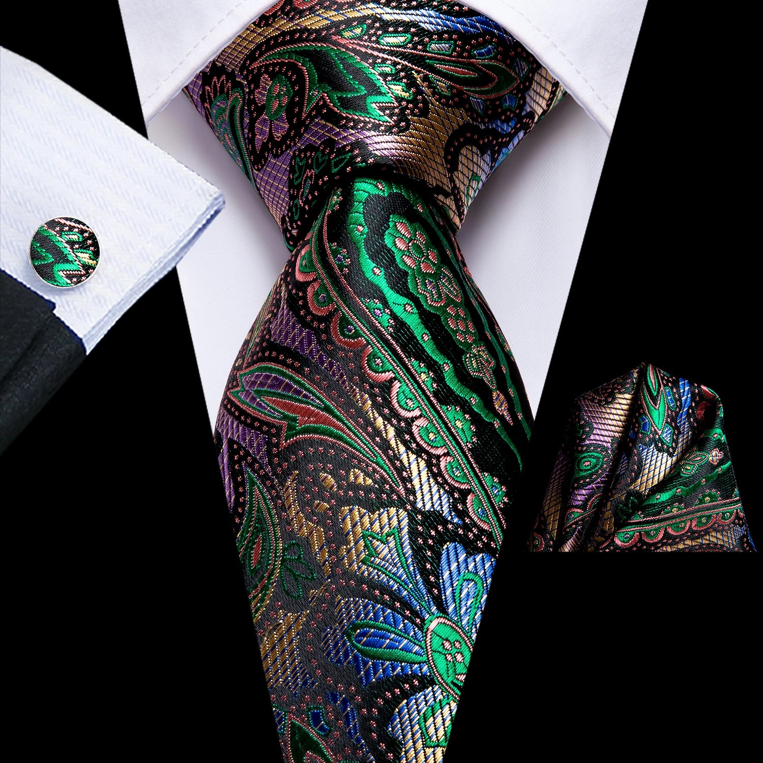 Men Fashion Mixed Color Necktie Set Including Pocket Square & Cufflinks Daily Banquet Wear Qme LDSN3019