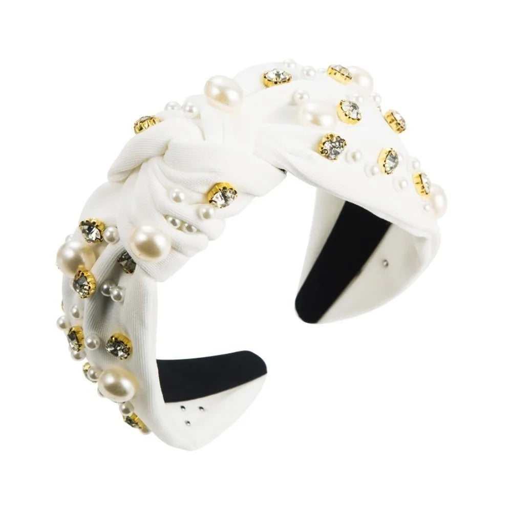 Solid Color Rhinestone Pearl Hairband Wide Edge Nail Pearl Head Hoop Hair Ornament Knot Style Baroque Headband Hair Accessories Qme White