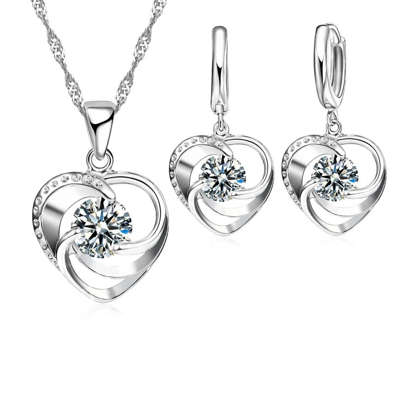 925 Sterling Silver Stamped Necklace Earrings Set Long Chain Sweet Romantic Style Love Heart Shape For Women Lady Wife Qme Default Title