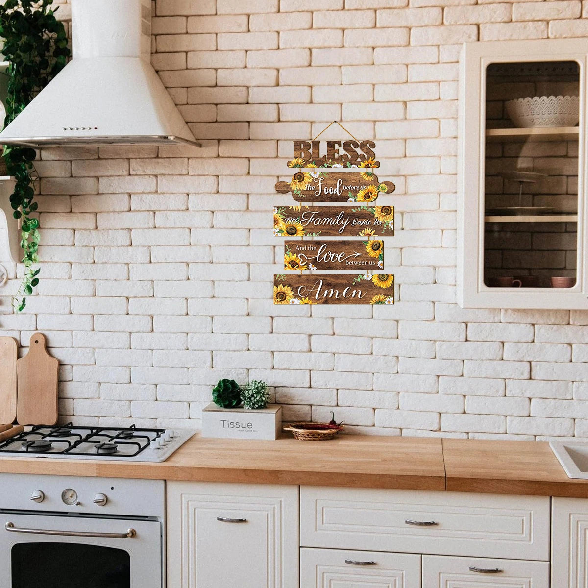 1 set of 2D gratitude wooden wall hanging decoration before meals, sunflower pattern, rustic farmhouse wall decoration Qme