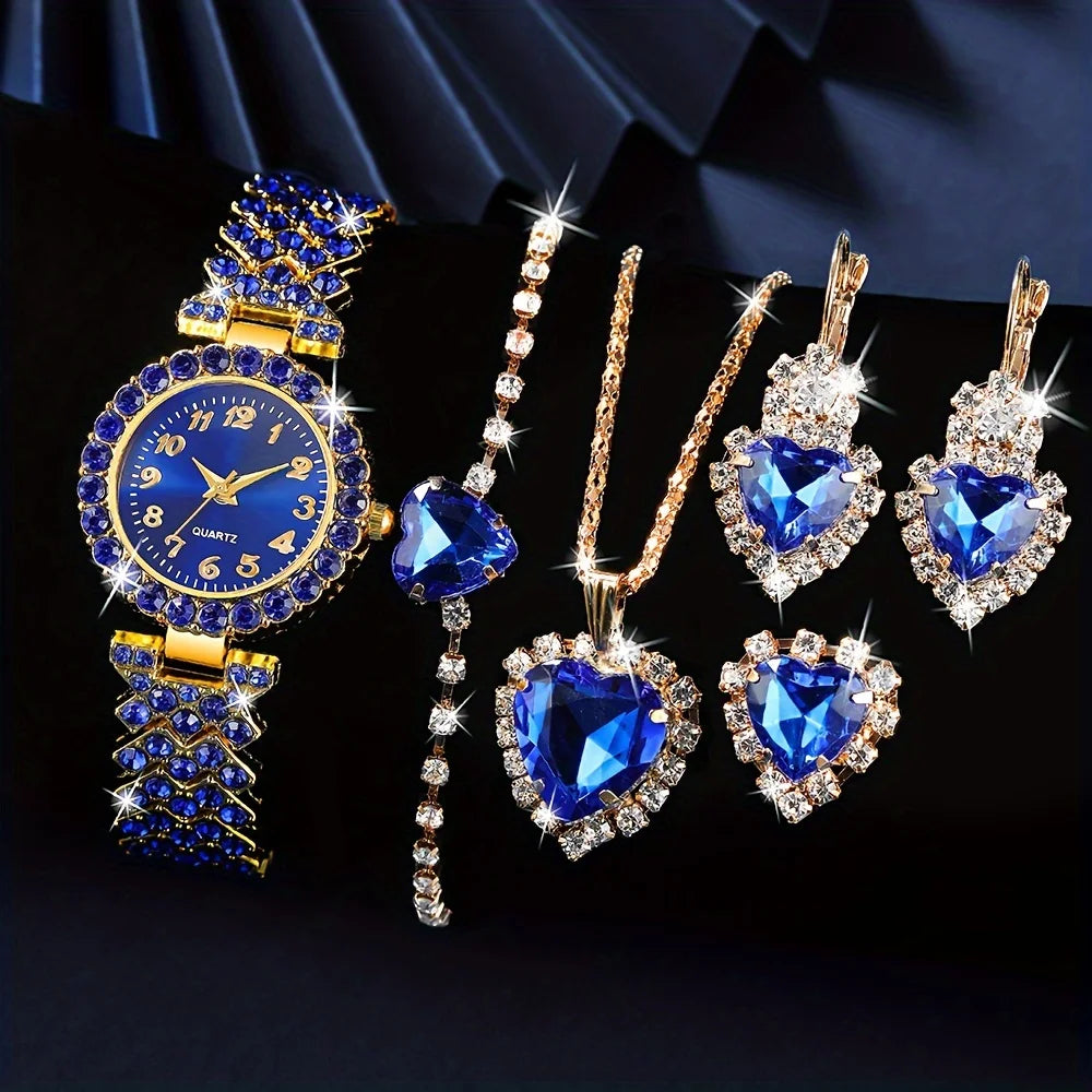 A fashionable women's quartz watch set, consisting of a 6-piece alloy round case timetable, earrings, necklace, and ring set, Qme 6-piece set