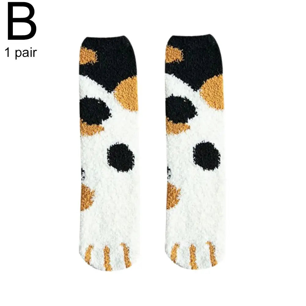 Women Winter Warm Fluffy Socks Cute Animal Claw Cat Paw Footprint Fuzzy Socks Female Thick Coral Fleece Home Floor Sleep Socks Qme B