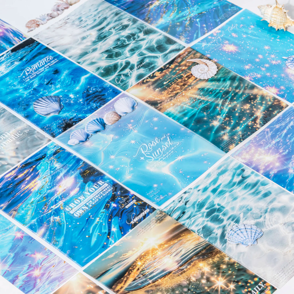 25 Sheets Blue Ocean Theme Dual Texture Sticker Pack for Scrapbook DIY Photo Frame Collage Journal Decoration Qme