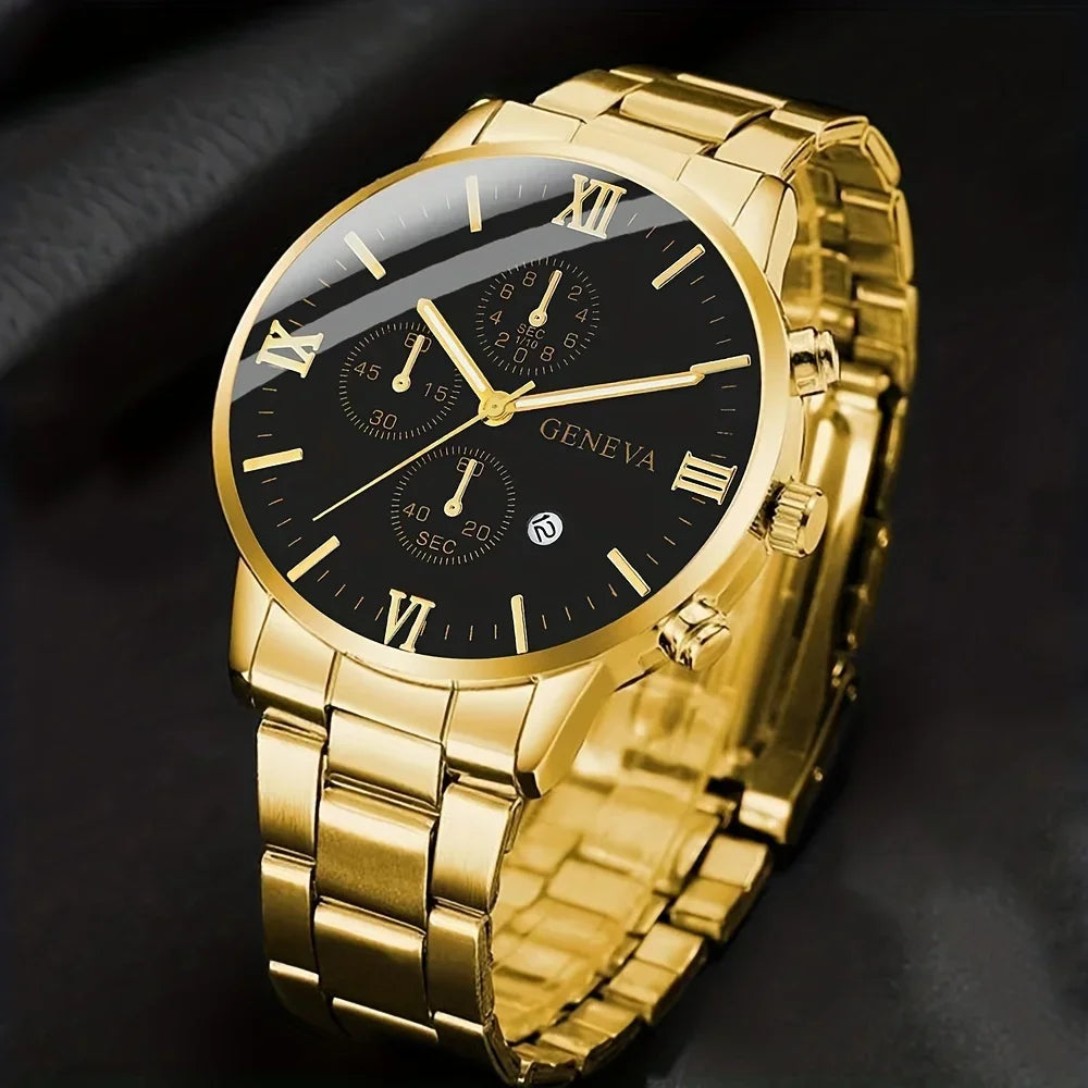 1pc Men Round Pointer Date Quartz Watch& 1pc Bracelet, Ideal choice for Gifts Qme