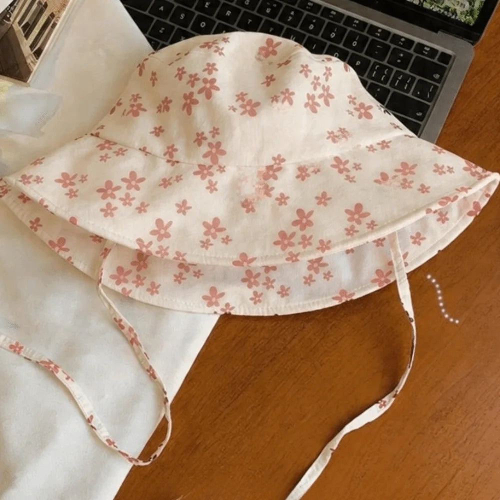 Cute Polyester Floral Print Bucket Hat Double Sided Adjustable Sun Hat Wide Brim Foldable Basin Cap Women Qme Beige