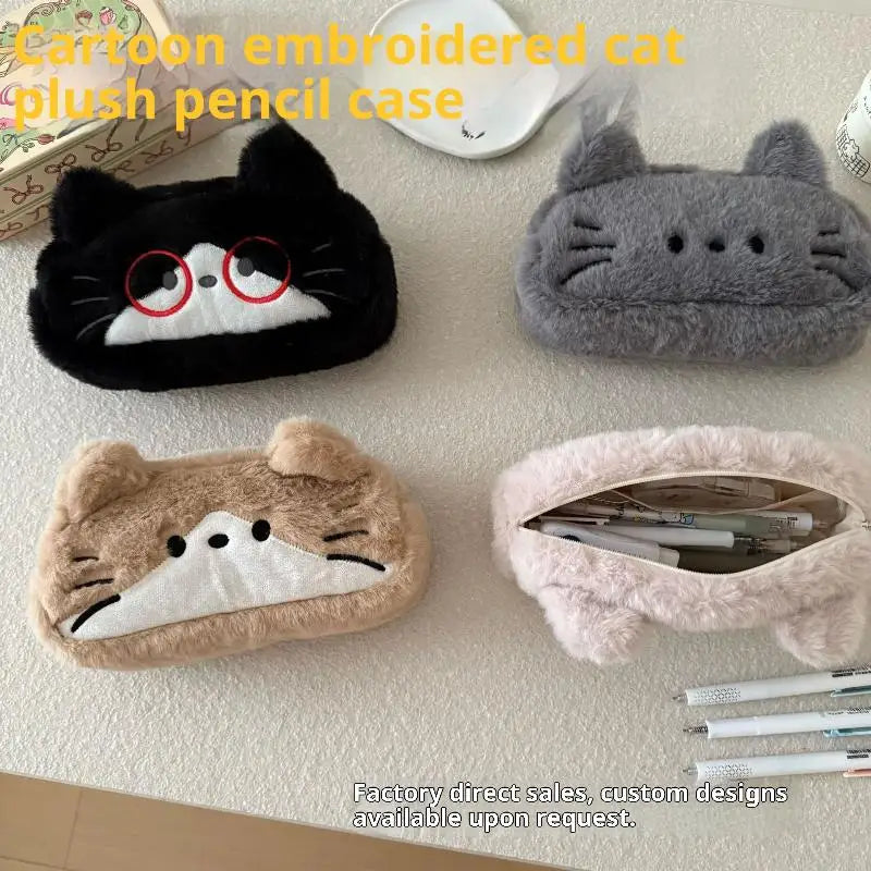 Cute Cartoon Embroidered Plush Cat Printed Pencil Case Student Qme