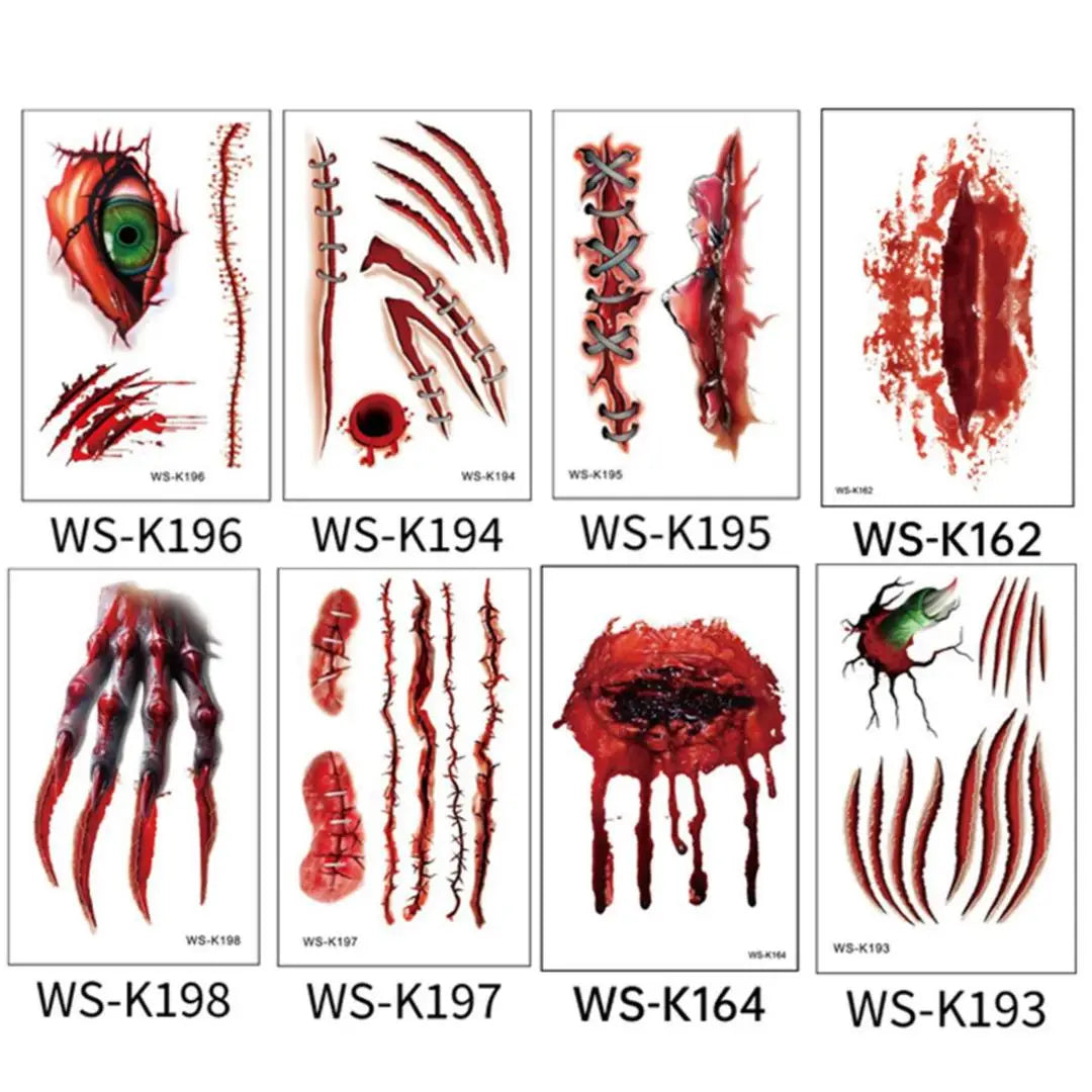 A 10pcs Waterproof Halloween Tattoo Stickers Bleeding Wound Scar Temporary Tattoos for Women Men Fake Tattoo For Halloween Party Qme 8pcs WS-K162K198