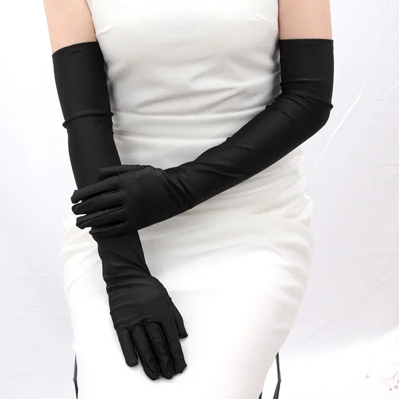 Ceremonial Satin Long Stage Performance Multicolor Women Gloves Ball Qme black 55cm