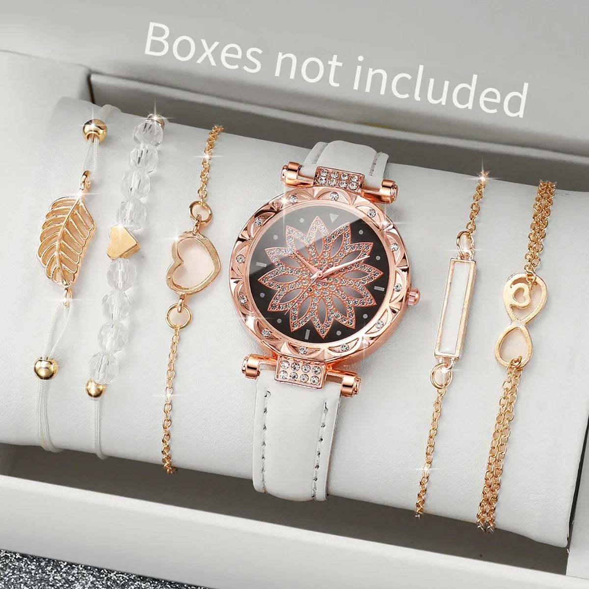 Women Rose Gold Rhinestone Flower Dial Quartz Wrist Watch with 5Pcs Stackable Heart Leaf Charm Bracelets Jewelry Set Qme