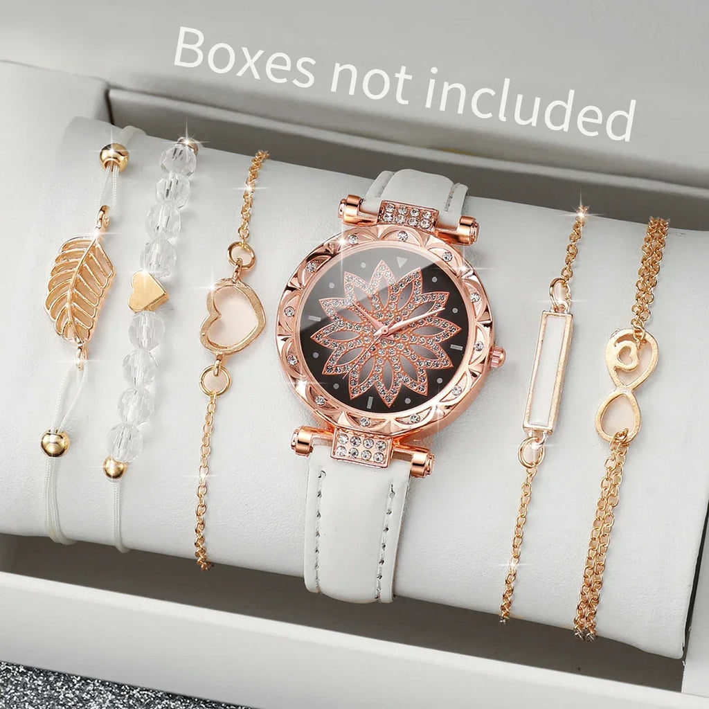 6PCS Bracelet Women's Watch Set Women's PU Leather Strap Quartz Watch Bracelet Set Qme