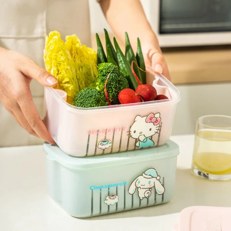 Hello Kitty Kuromi Kitchen Food Storage Containers Vegetable Washing Basin and Drain Basket Plastic Fruit Bowl for Home Use Qme